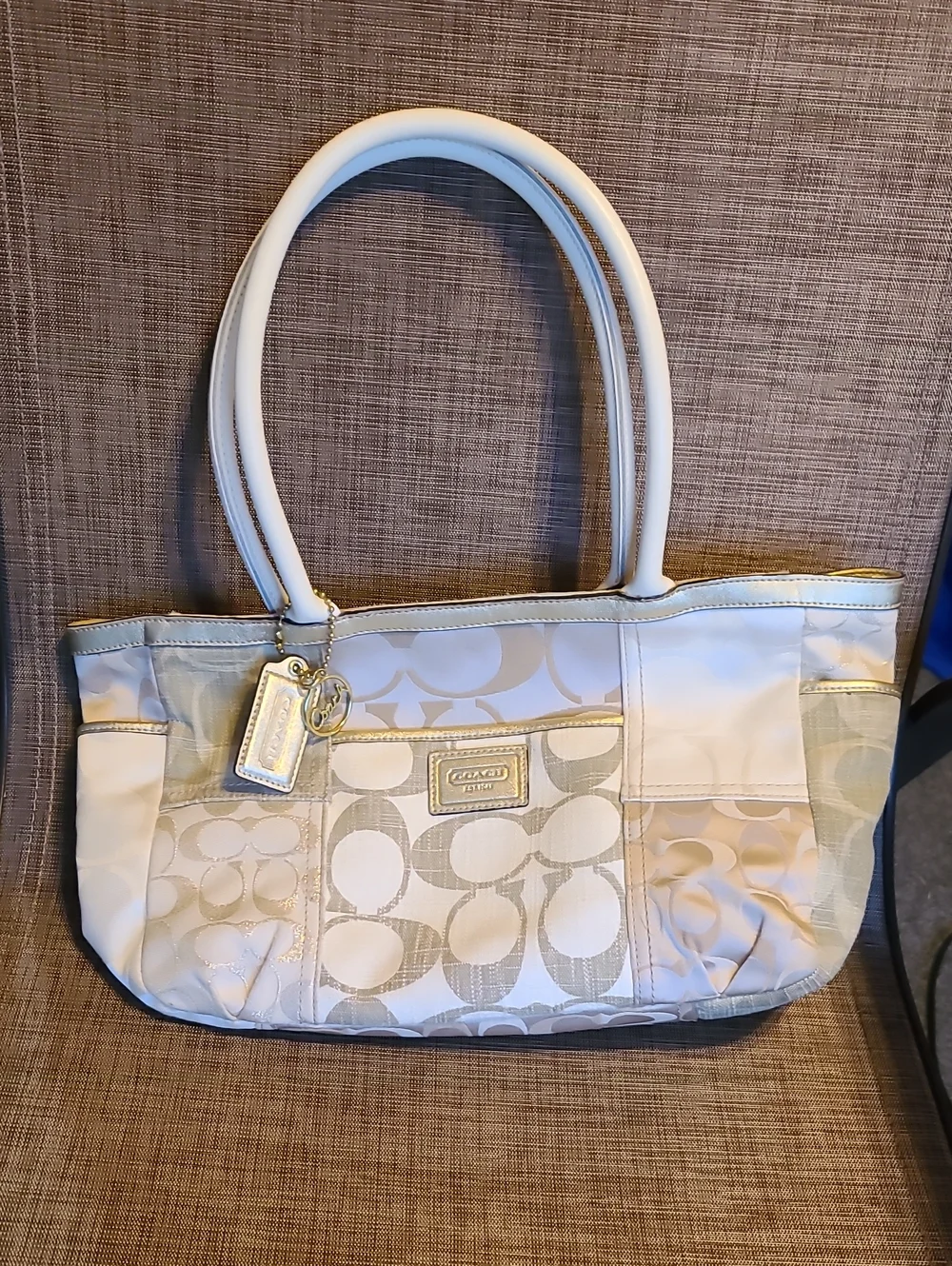 Coach Cream Signature Patchwork Shoulder Bag with Gold Accents - Picture 1 of 16